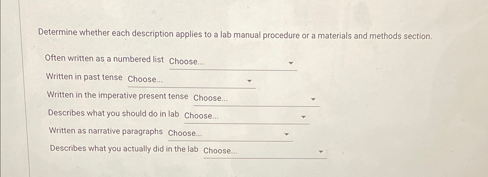  Determine whether each description applies to a lab manual procedure or