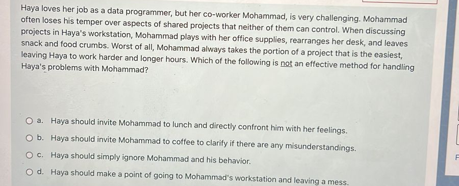  Haya loves her job as a data programmer, but her co-worker