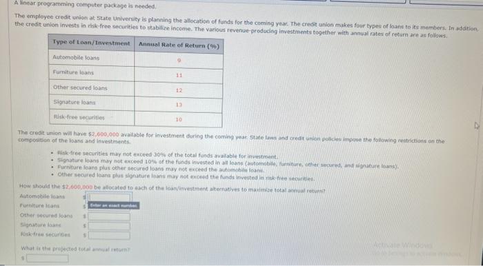  A linear programming computer package is needed. The employee credit union