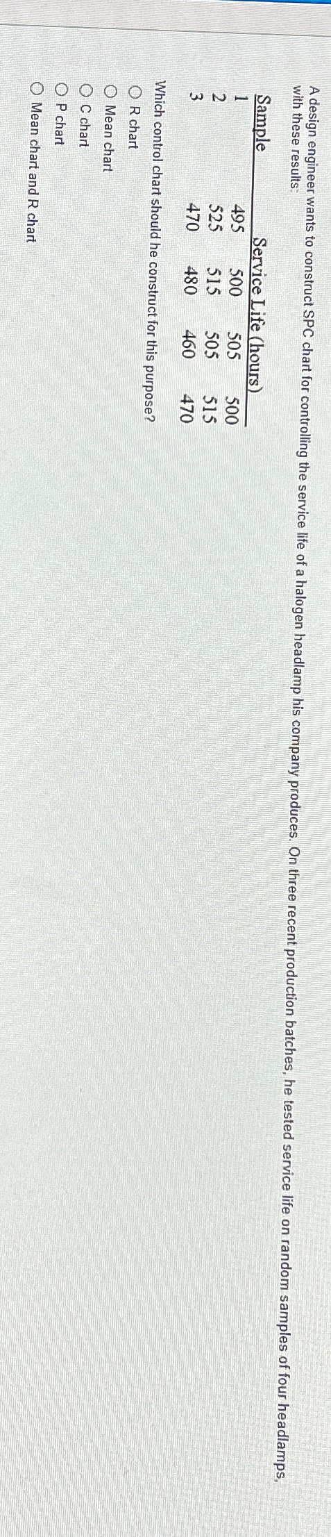  with these results: \table[[Sample,Service Life (hours)],[1,495,500,505,500,],[2,525,515,505,515,],[3,470,480,460,470,]] Which control chart should he