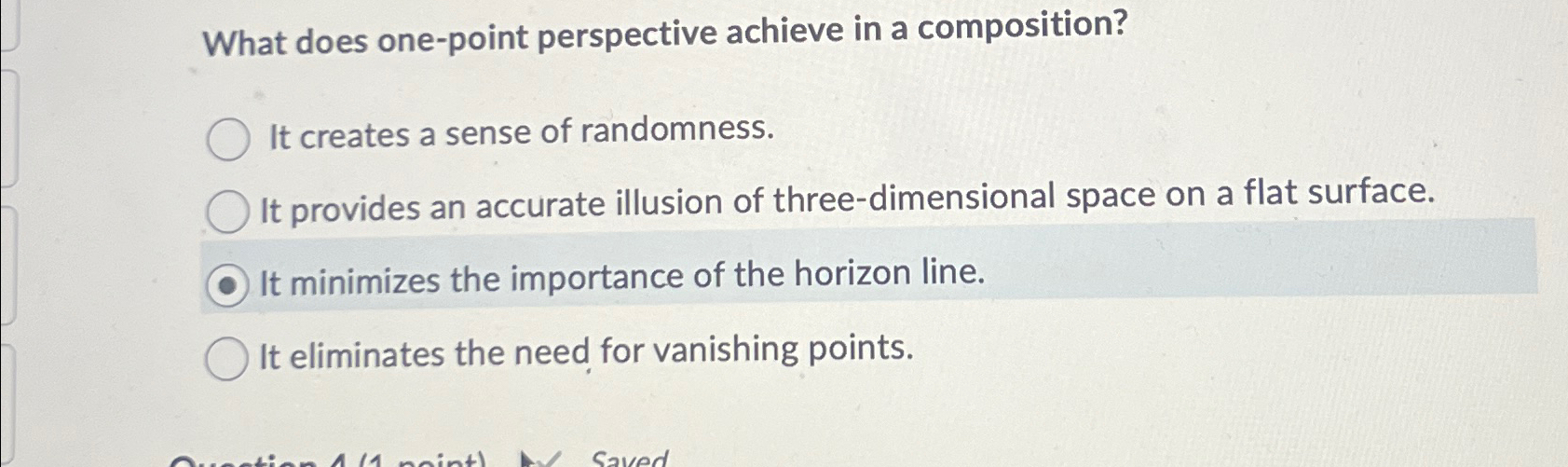  What does one-point perspective achieve in a composition? It creates a