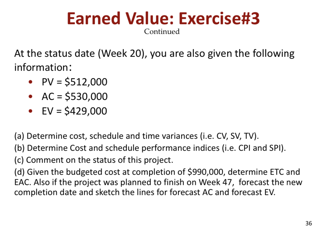  Earned Value: Exercise#3 Continued At the status date (Week 20), you