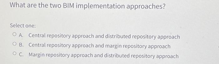  What are the two BIM implementation approaches? Select one: O A.