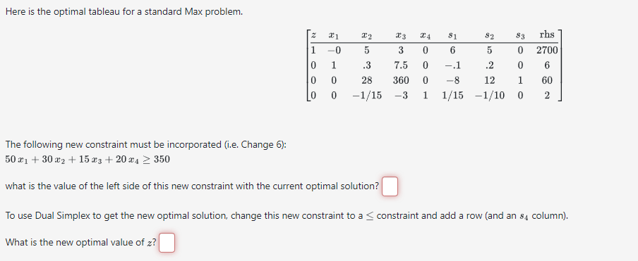  Here is the optimal tableau for a standard Max problem. The