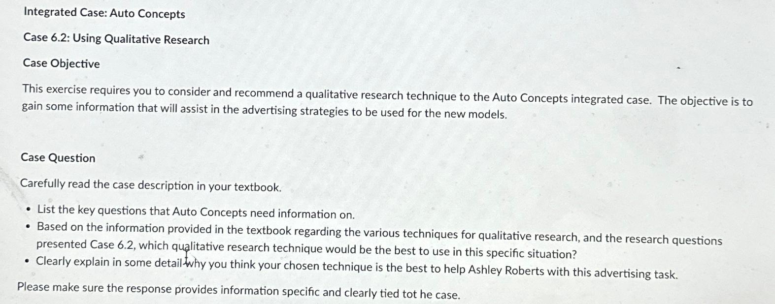  Integrated Case: Auto Concepts Case 6.2: Using Qualitative Research Case Objective
