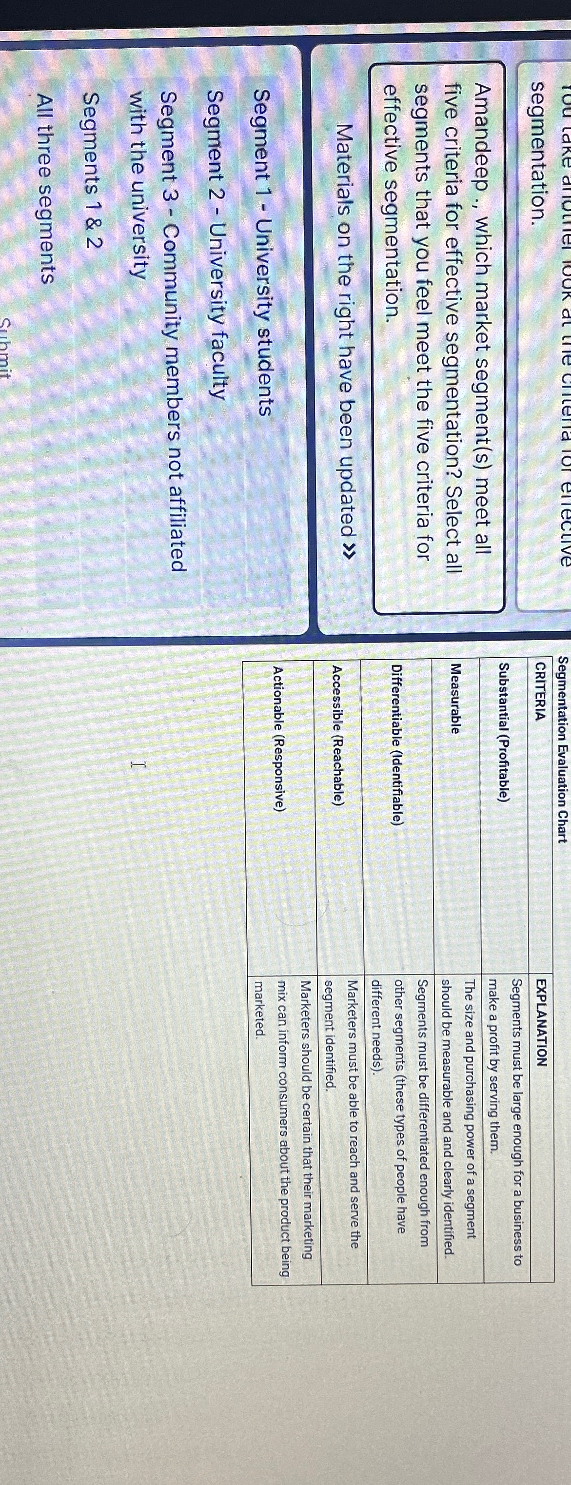  segmentation. Amandeep ., which market segment(s) meet all five criteria for