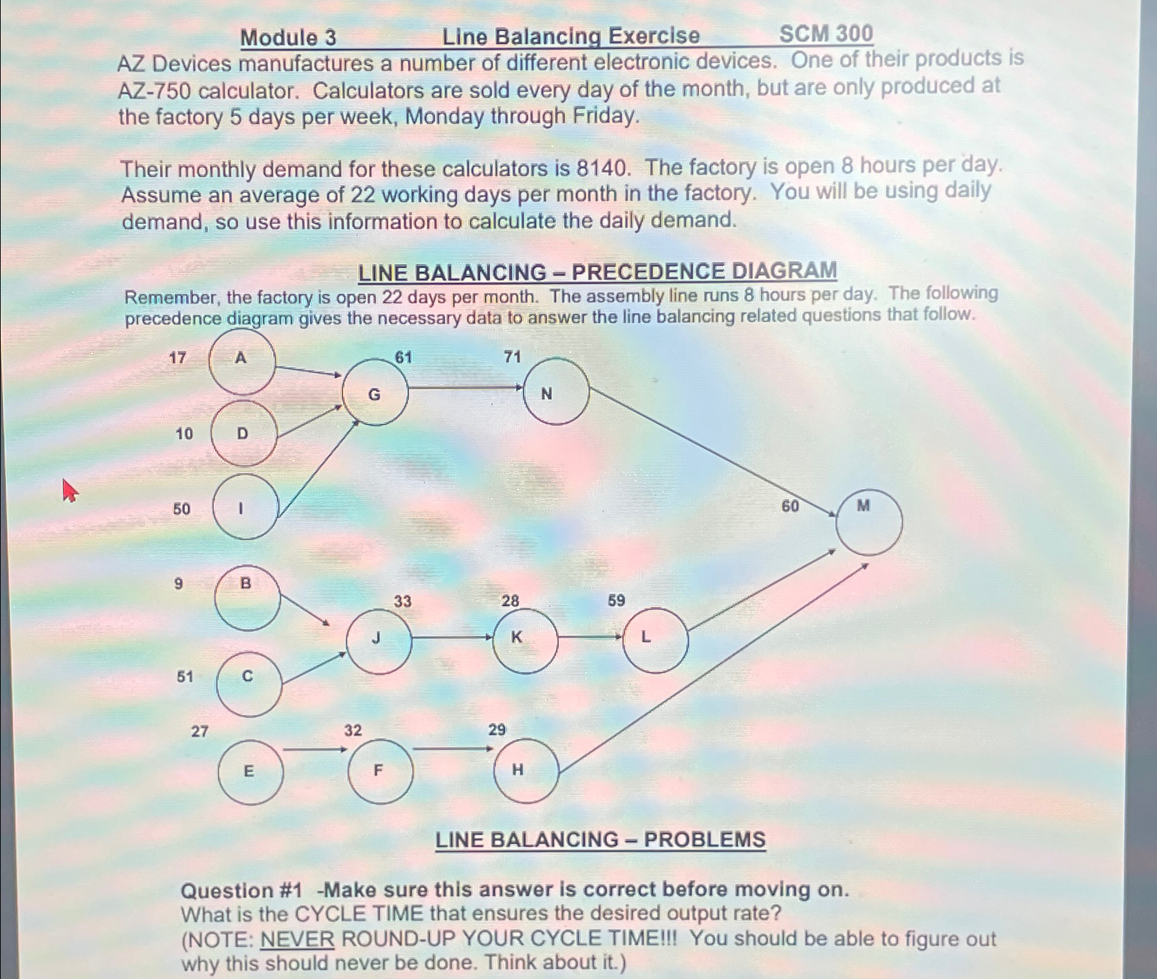  \table[[Module 3,Line Balancing Exercise,SCM 300]] AZ Devices manufactures a number of