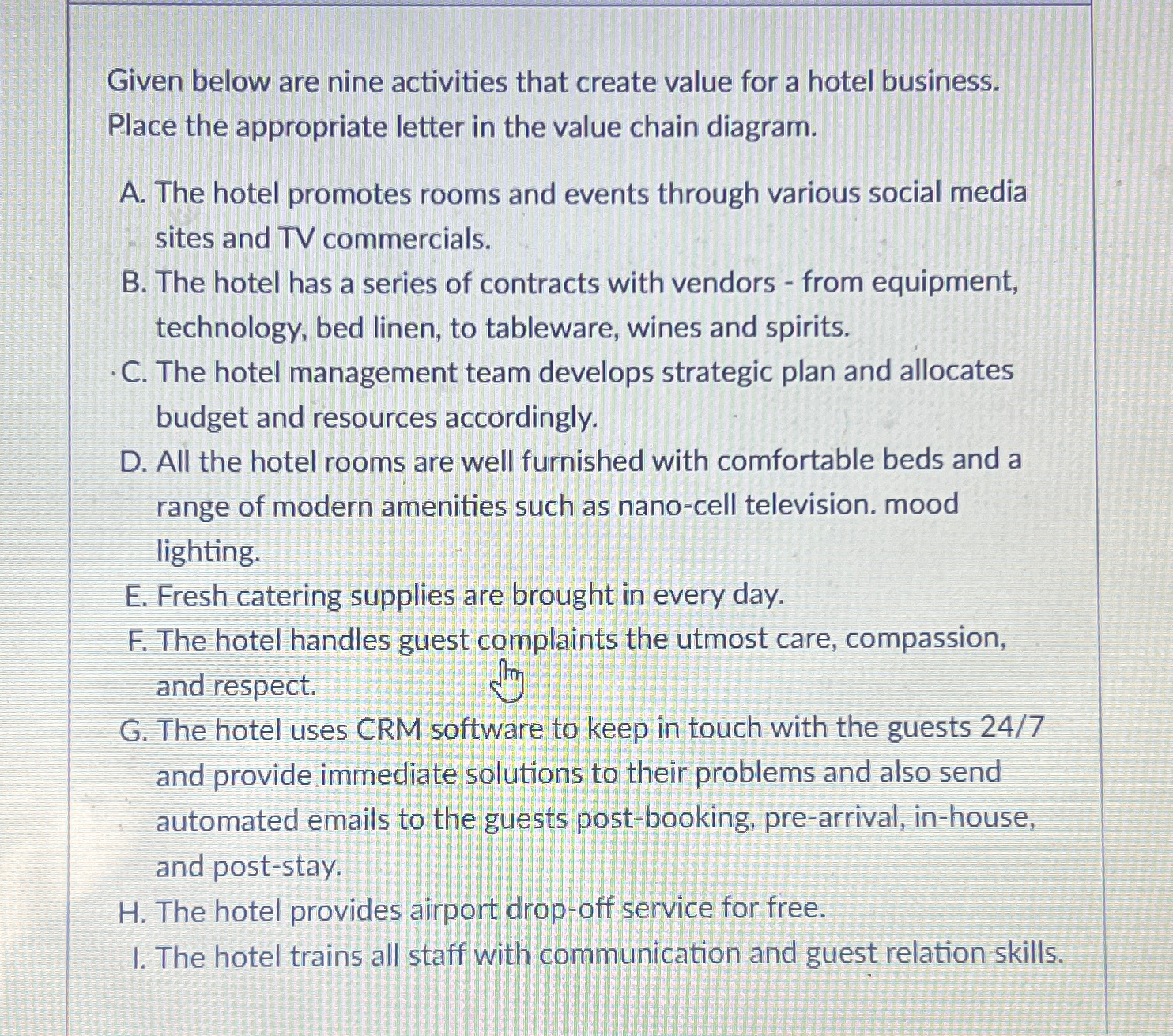  Given below are nine activities that create value for a hotel