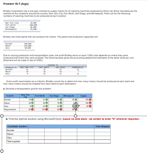  Problem 15-7(Algo) Bindley Corporation has a one-year contract to supply motors