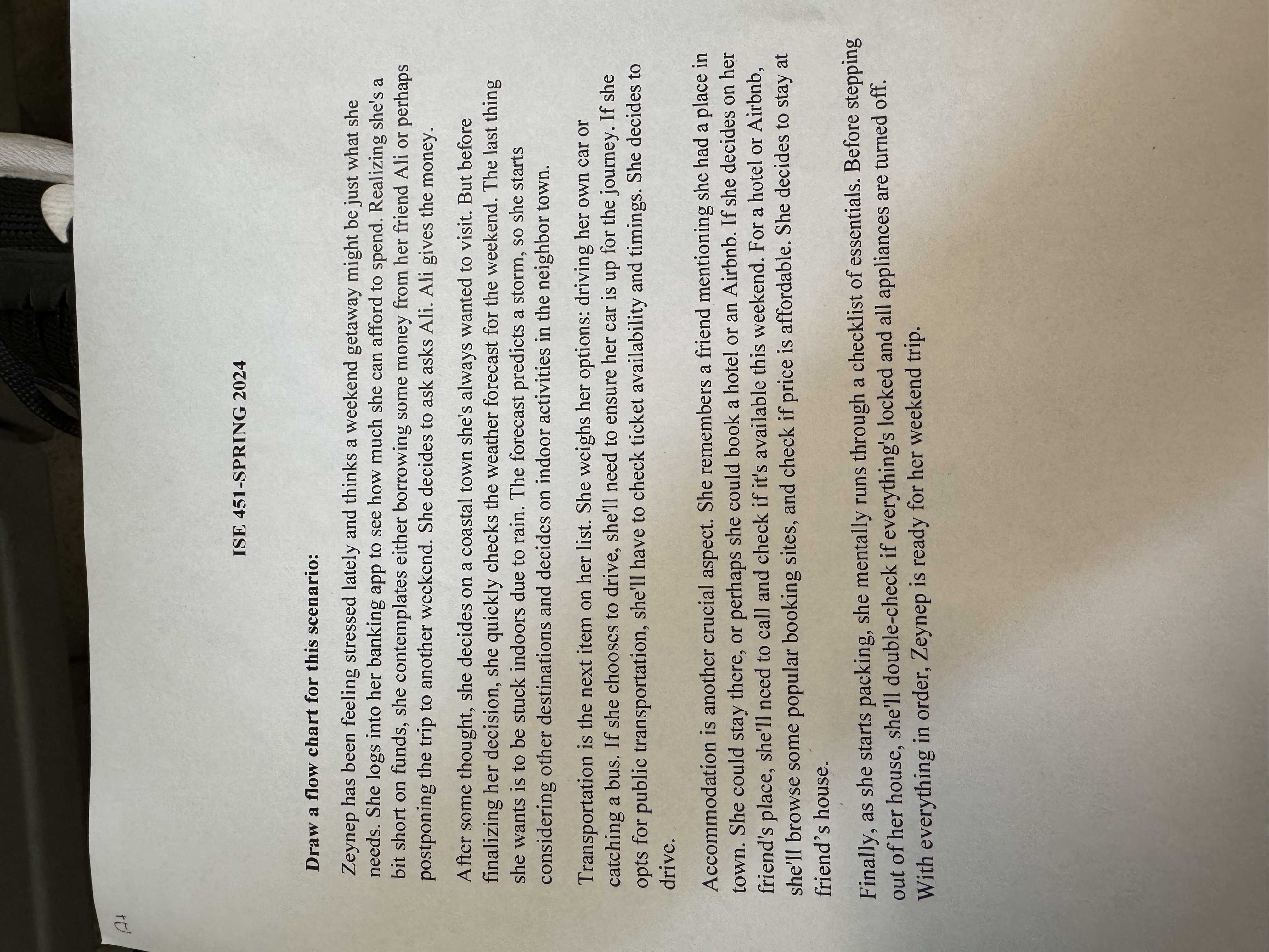  ISE 451-SPRING 2024 Draw a flow chart for this scenario: Zeynep