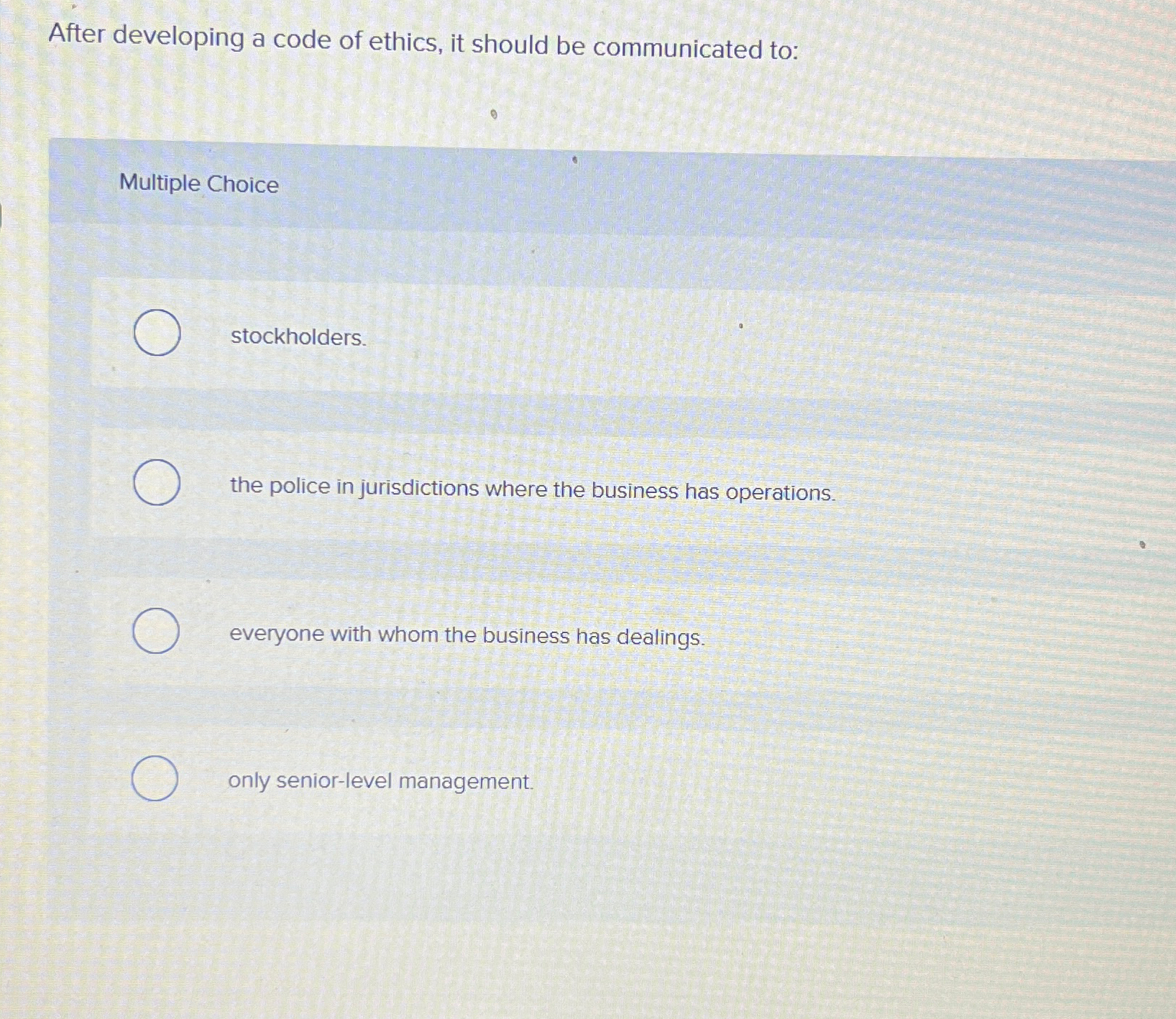  After developing a code of ethics, it should be communicated to: