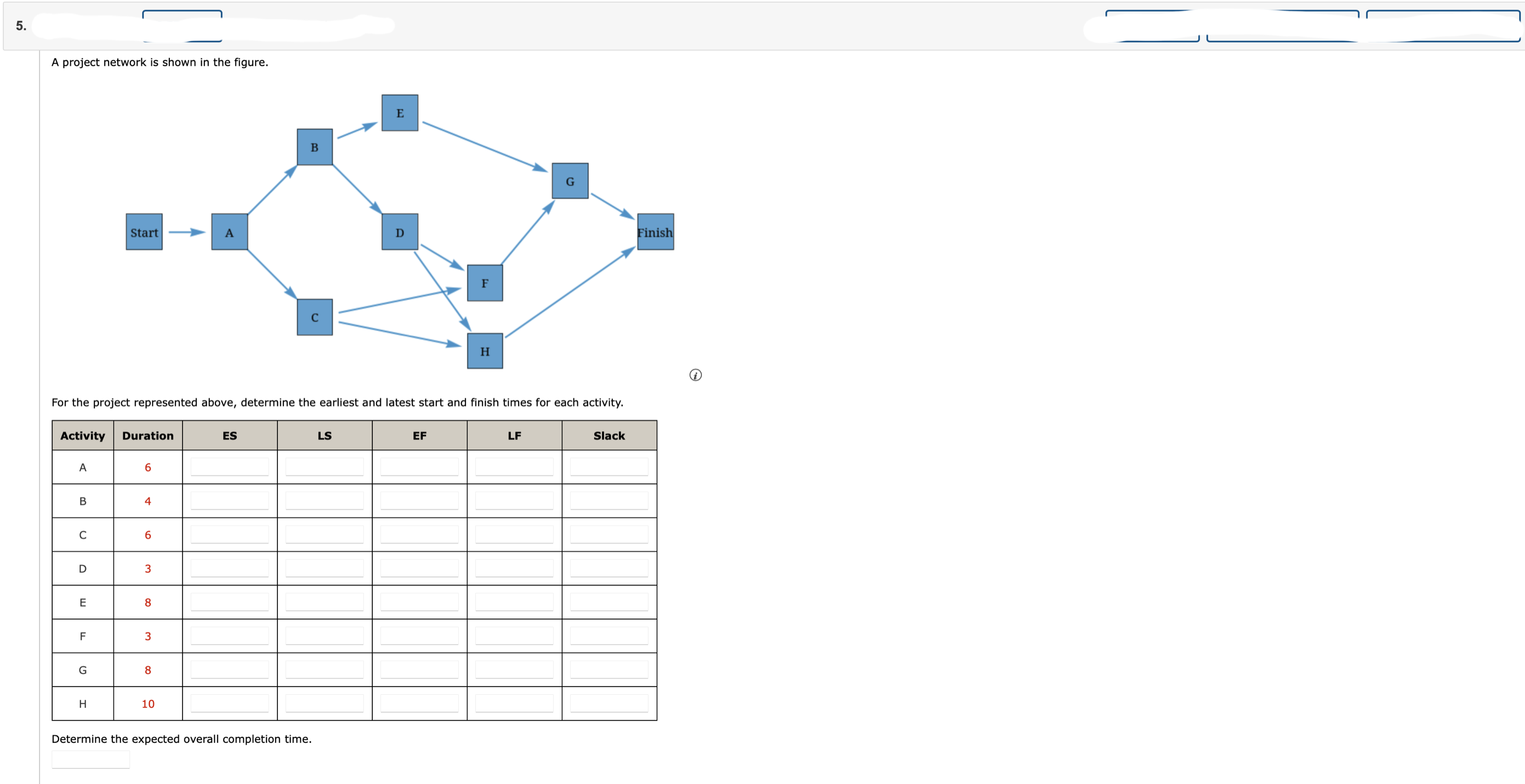 Management Science question. A project network is shown in the figure. For