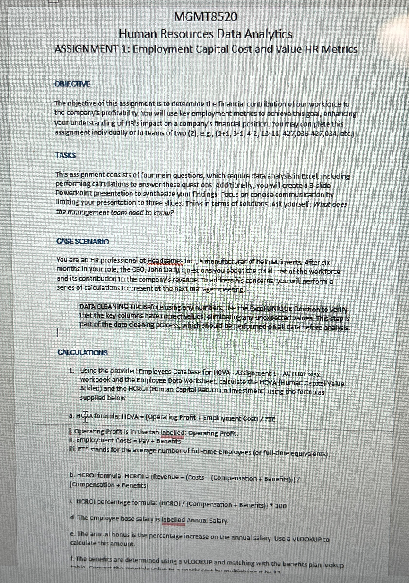  MGMT8520 Human Resources Data Analytics ASSIGNMENT 1: Employment Capital Cost and