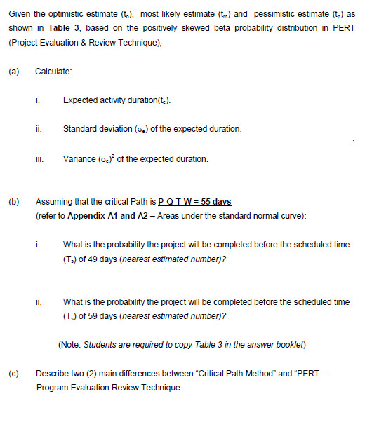 Given the optimistic estimate (t), most likely estimate (tm) and pessimistic