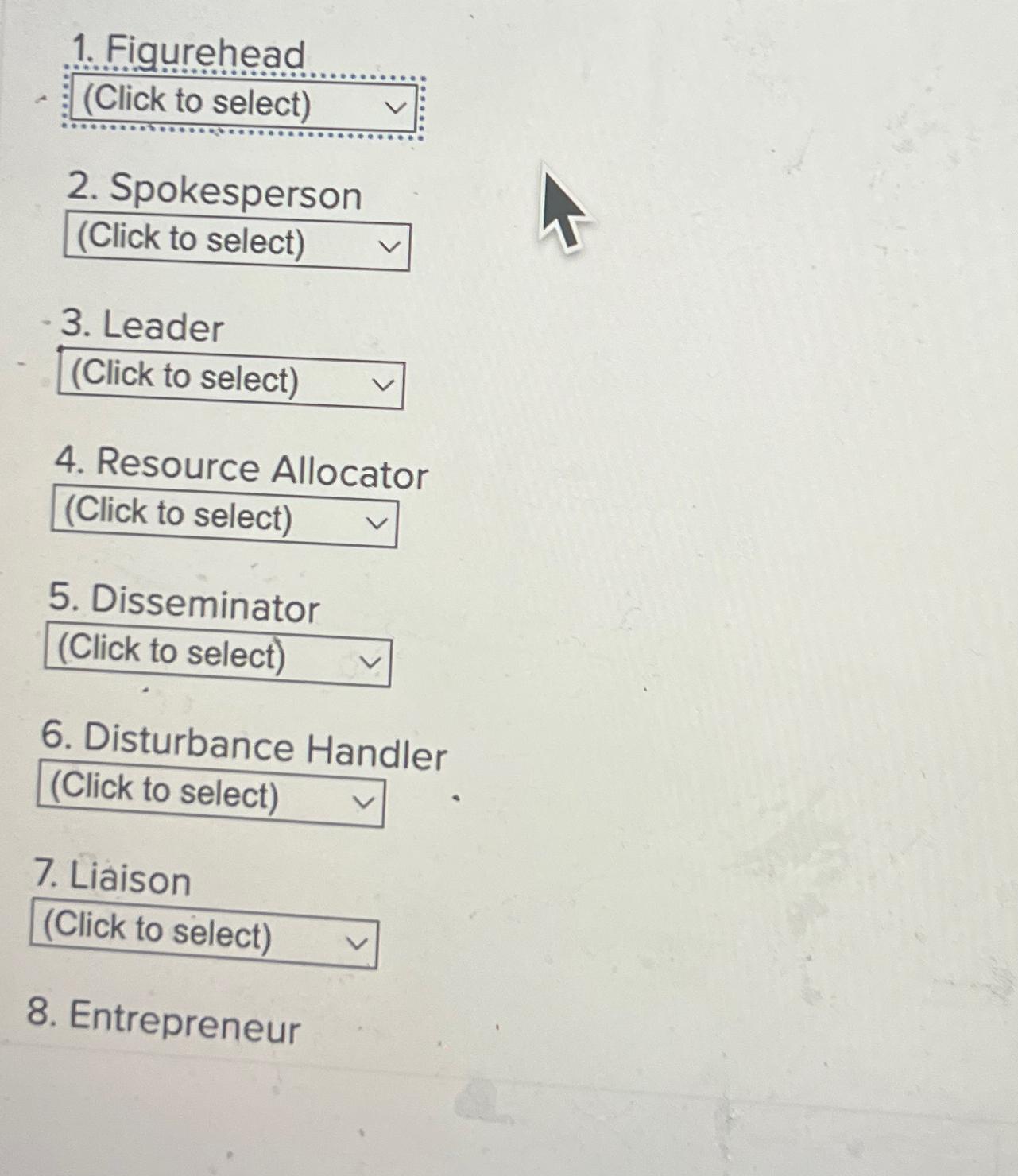  Figurehead (Click to select) Spokesperson Leader Resource Allocator Disseminator Disturbance Handler