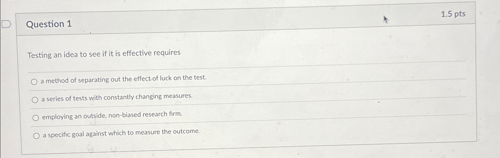  Question 1 1.5pts Testing an idea to see if it is