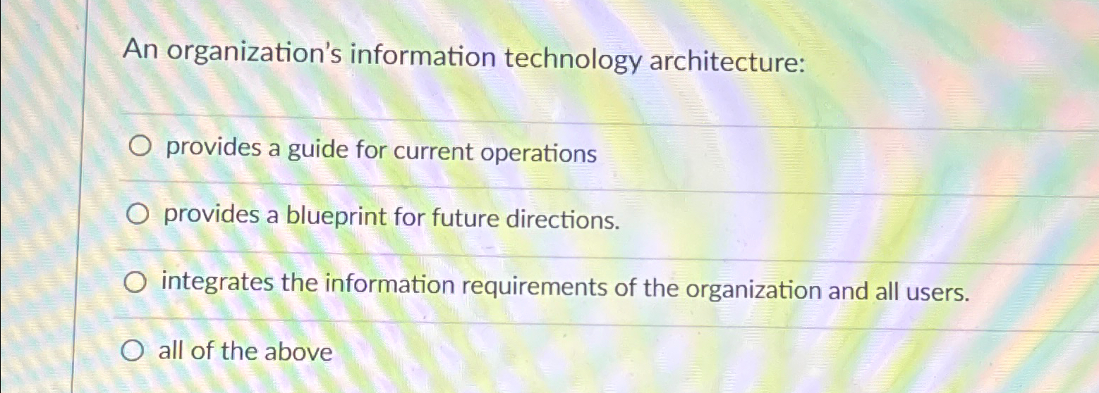  An organization's information technology architecture: provides a guide for current operations