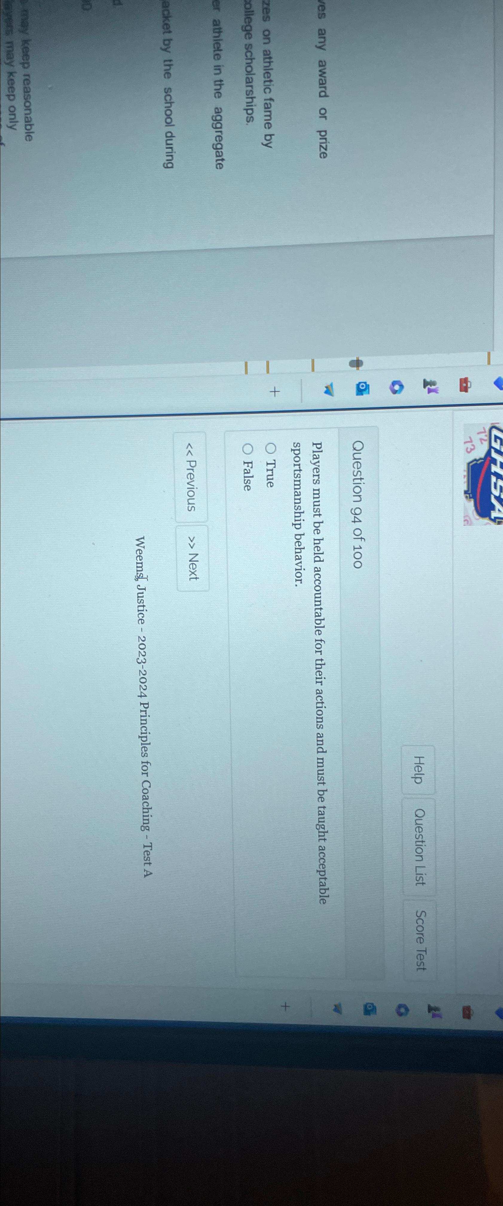  Weems, Justice -2023-2024 Principles for Coaching - Test A 