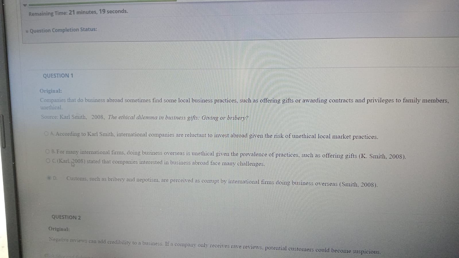  Remaining Time: 21 minutes, 19 seconds. Question Completion Status: QUESTION 1