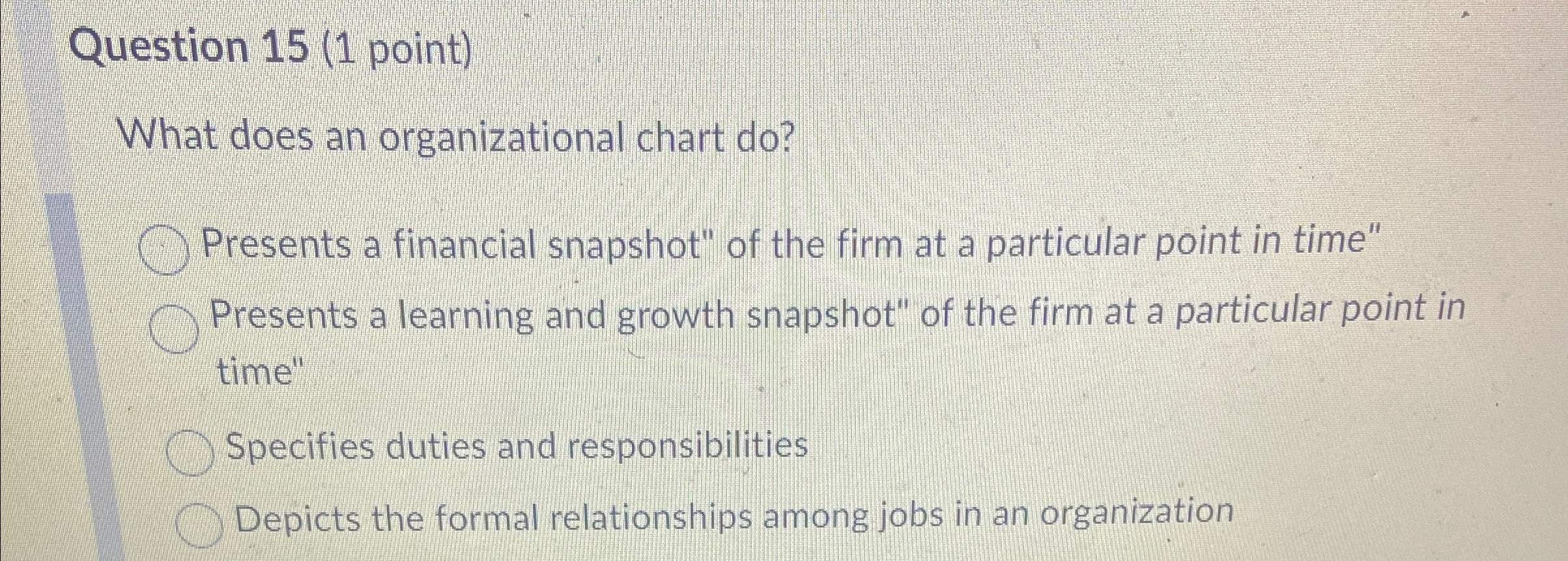  Question 15(1 point) What does an organizational chart do? Presents a