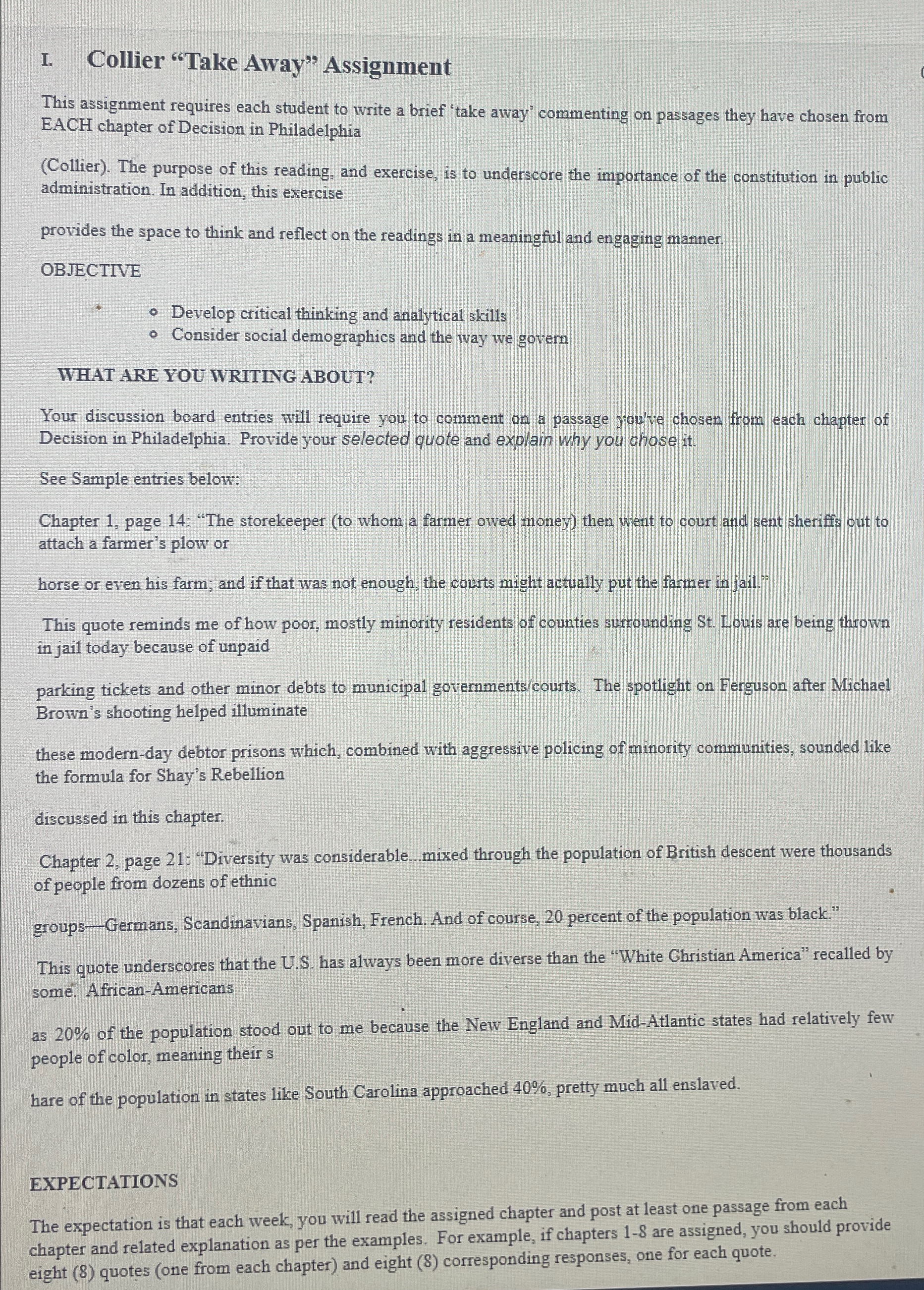  I. Collier "Take Away" Assignment This assignment requires each student to