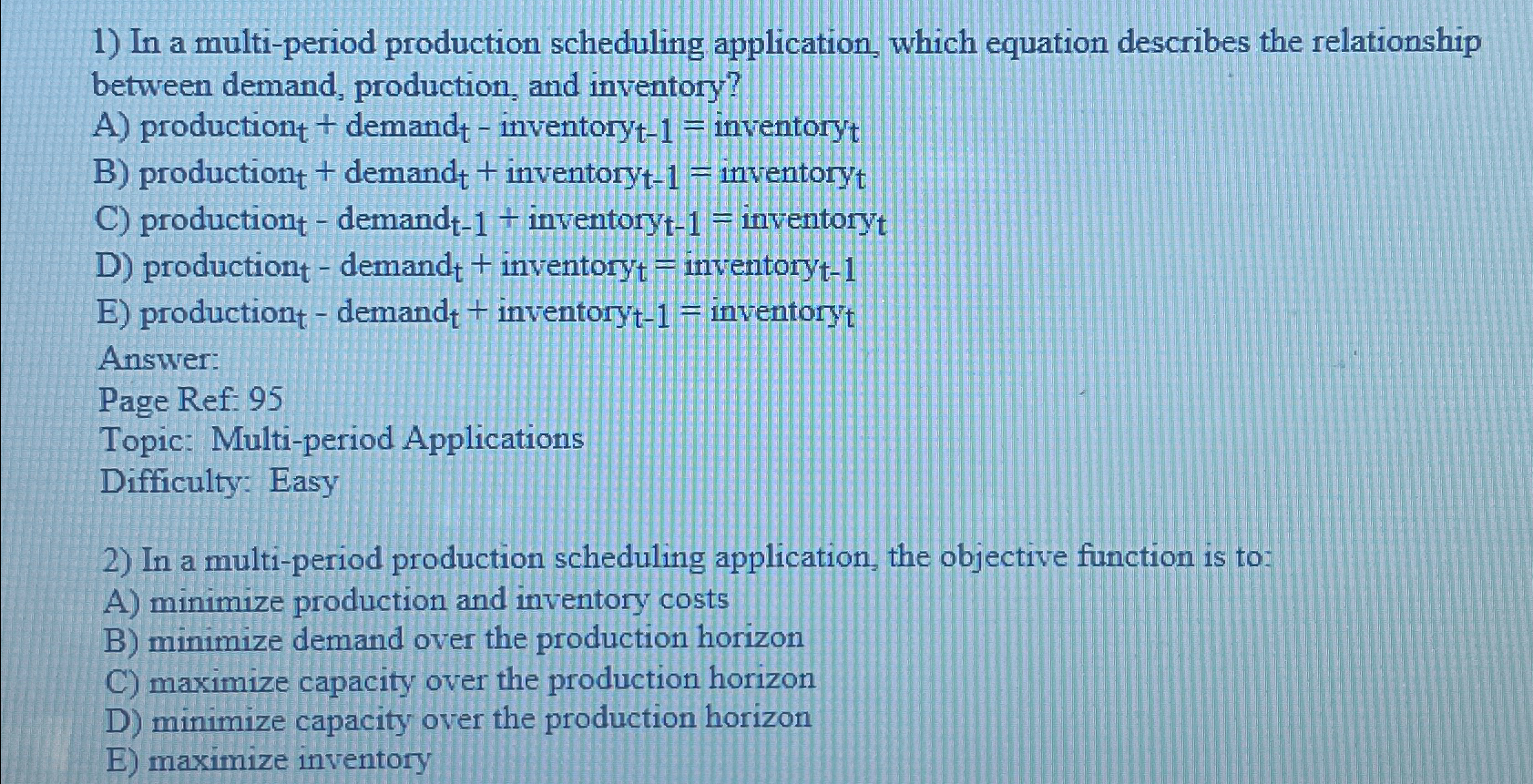  In a multi-period production scheduling application, which equation describes the relationship