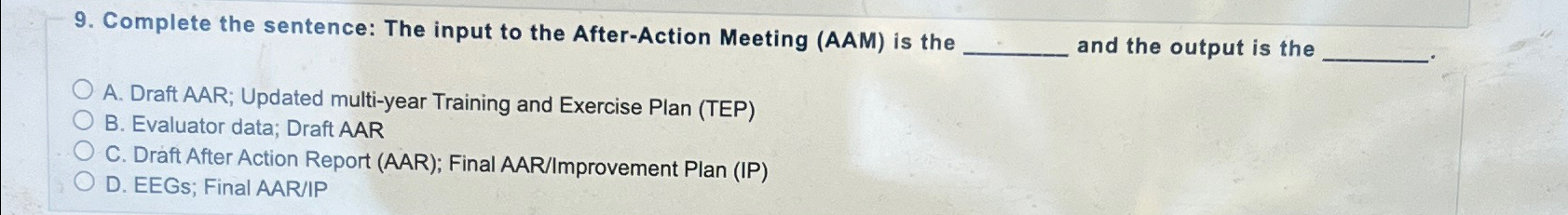  Complete the sentence: The input to the After-Action Meeting (AAM) is