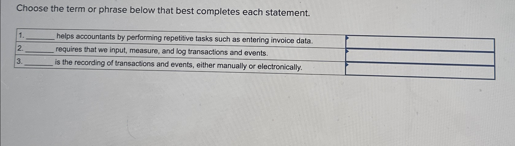  Choose the term or phrase below that best completes each statement.