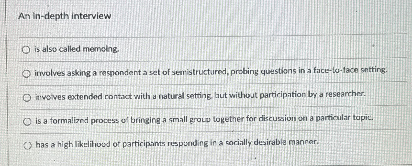  An in-depth interview is also called memoing. involves asking a respondent