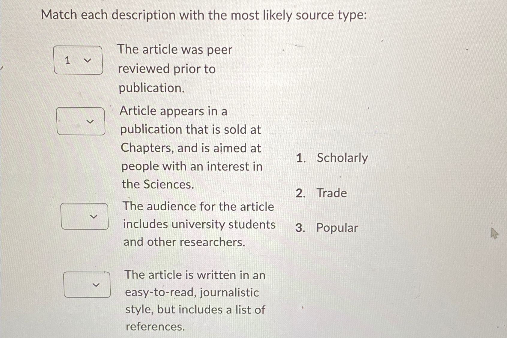  Match each description with the most likely source type: The article