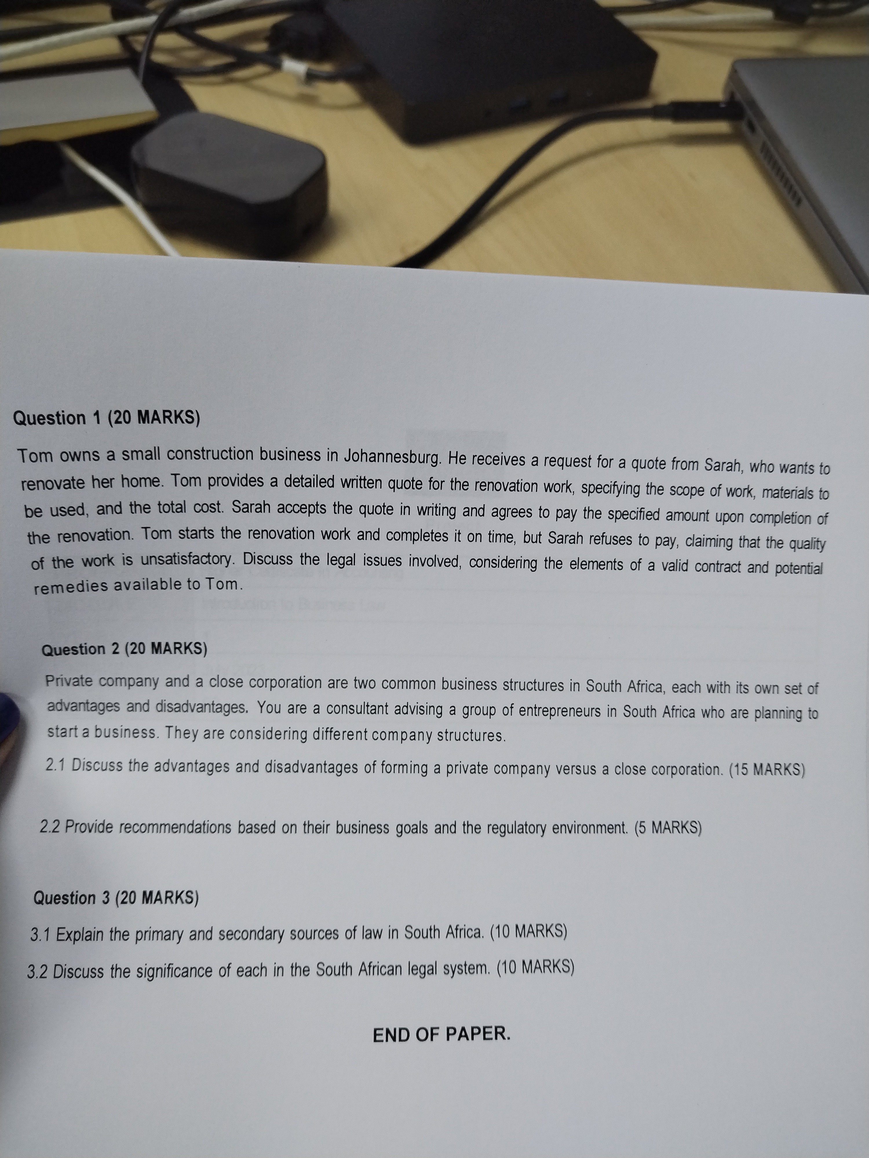  Question 3(20 MARKS)Question 1(20 MARKS) Tom owns a small construction business