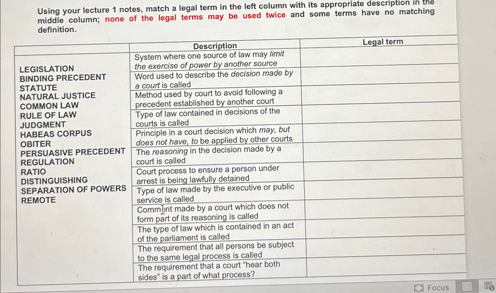  Using your lecture 1 notes, match a legal term in the