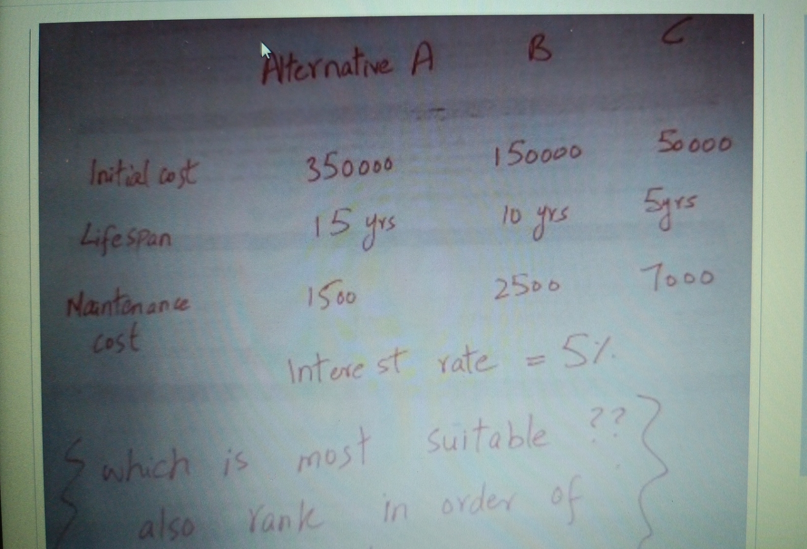  Alternative A \table[[Initial cost,350000,150000,50000],[Lifespan,15 yrs,10 yrs,5 yrs],[Nantenance,1500,2500,7000]] cost interest rate =5%