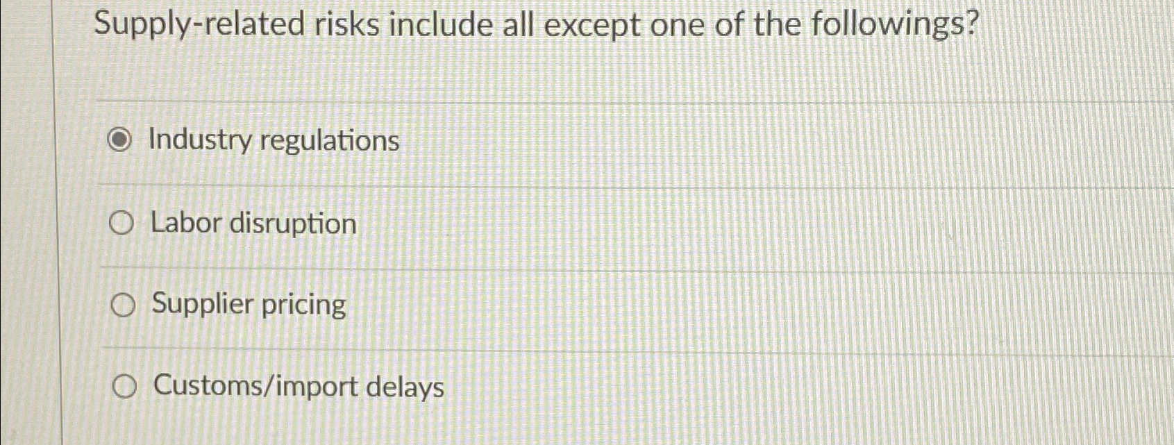  Supply-related risks include all except one of the followings? Industry regulations