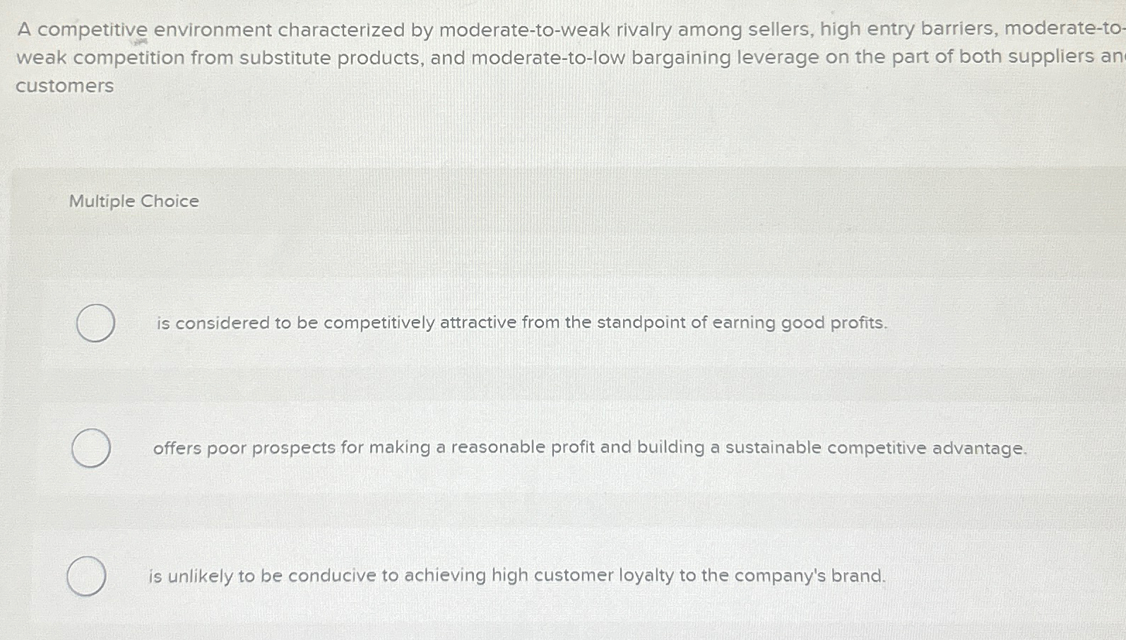  A competitive environment characterized by moderate-to-weak rivalry among sellers, high entry