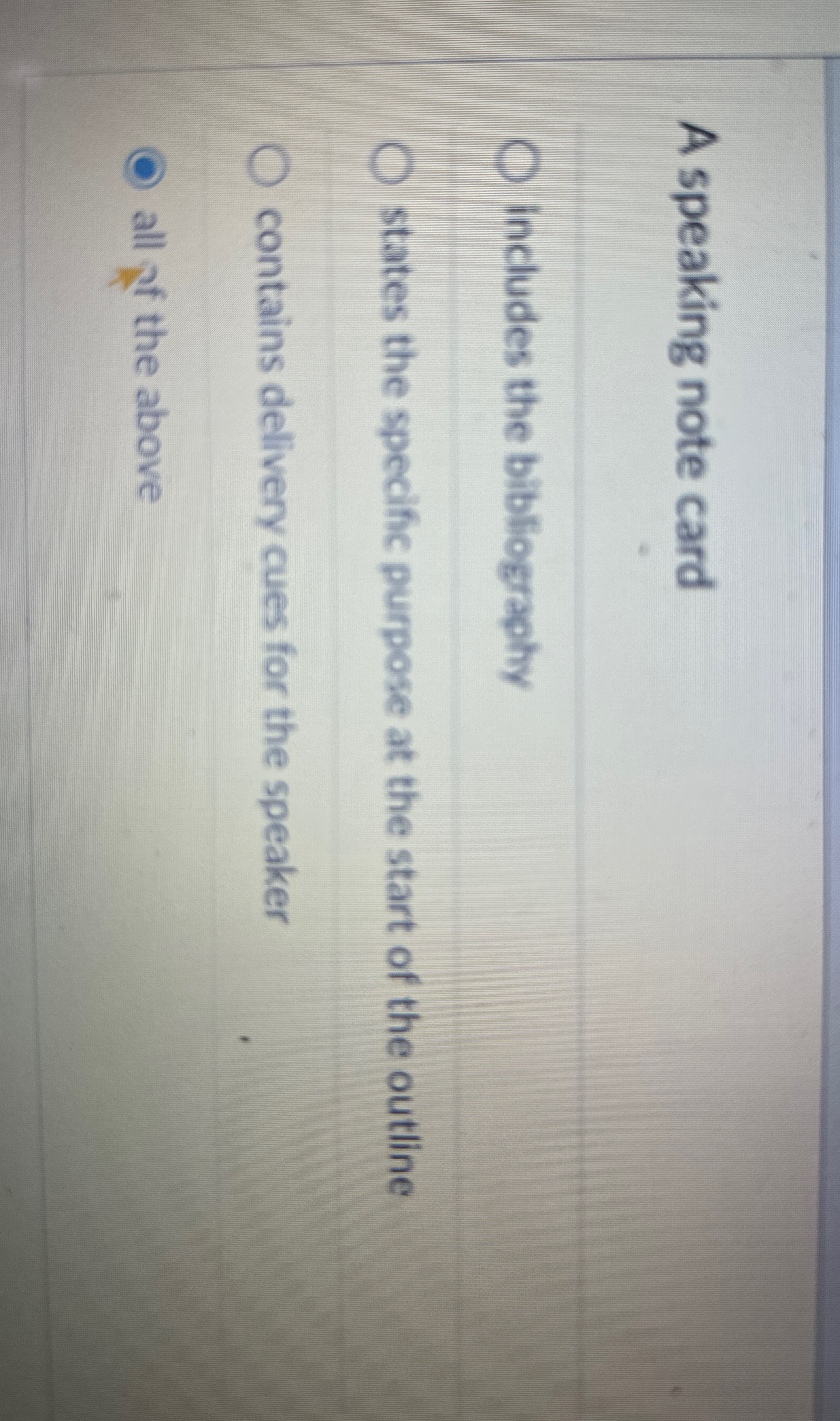  A speaking note card includes the bibliography states the specific purpose