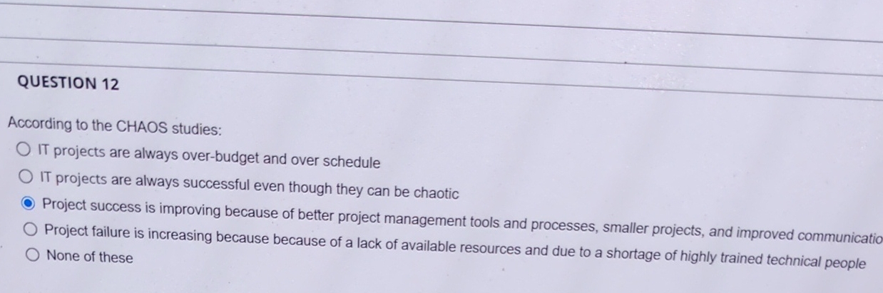  QUESTION 12 According to the CHAOS studies: IT projects are always