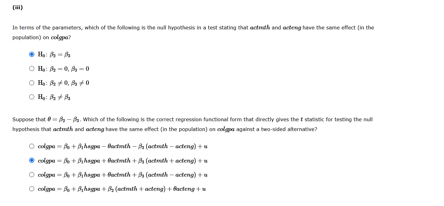 OLS to estimate a model explaining colgpa using hsgpa, actmth, and acteng