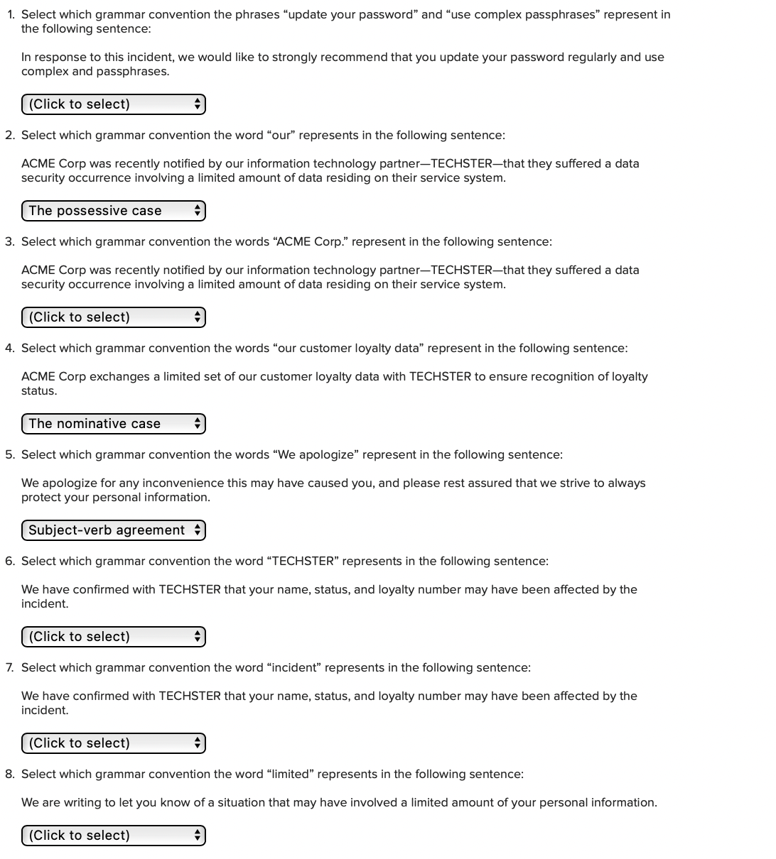  Please answer 1-8. The options are, A direct object, An indirect