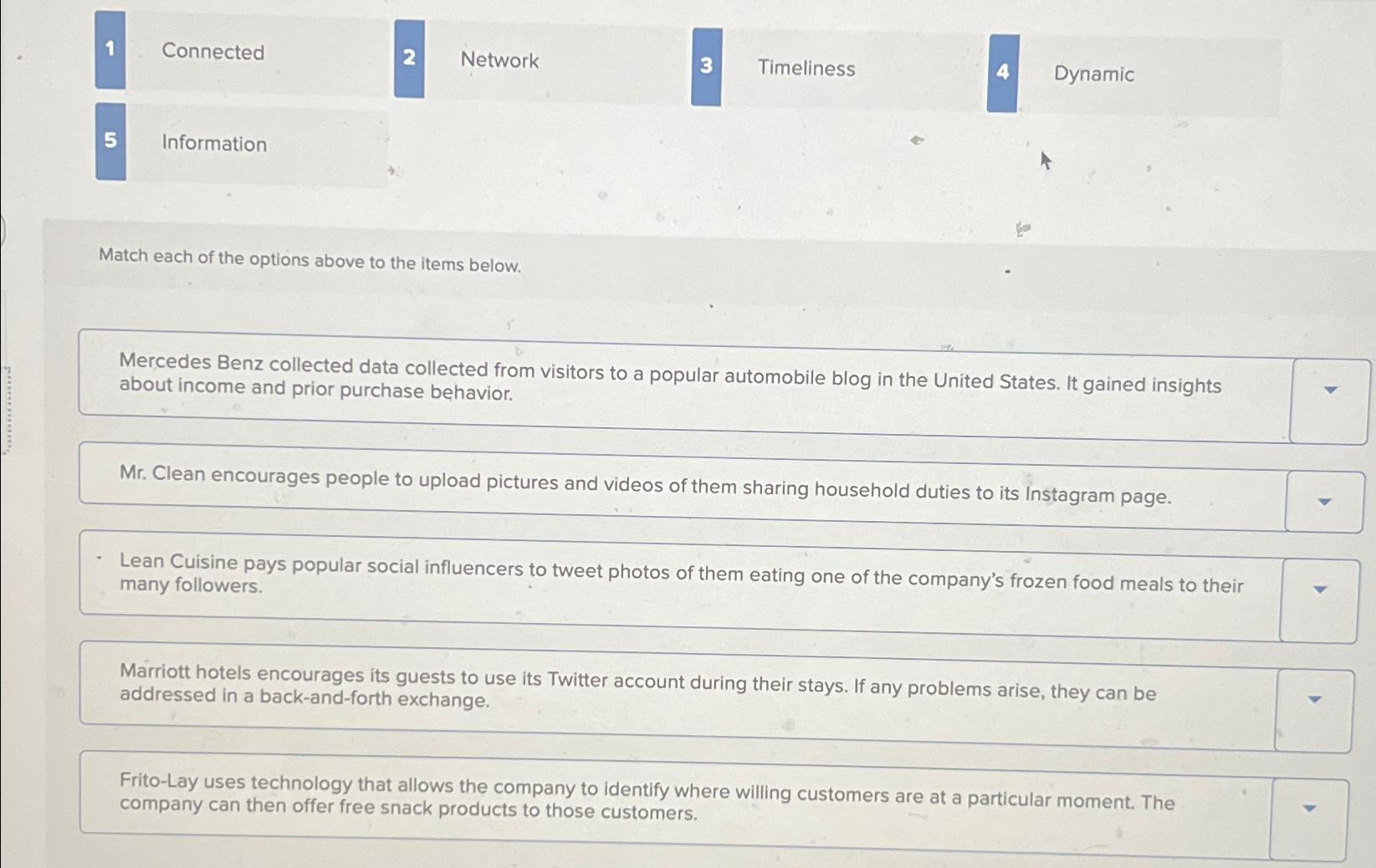  1 Connected 2 Network 3 Timeliness 4 Dynamic 5 Information Match