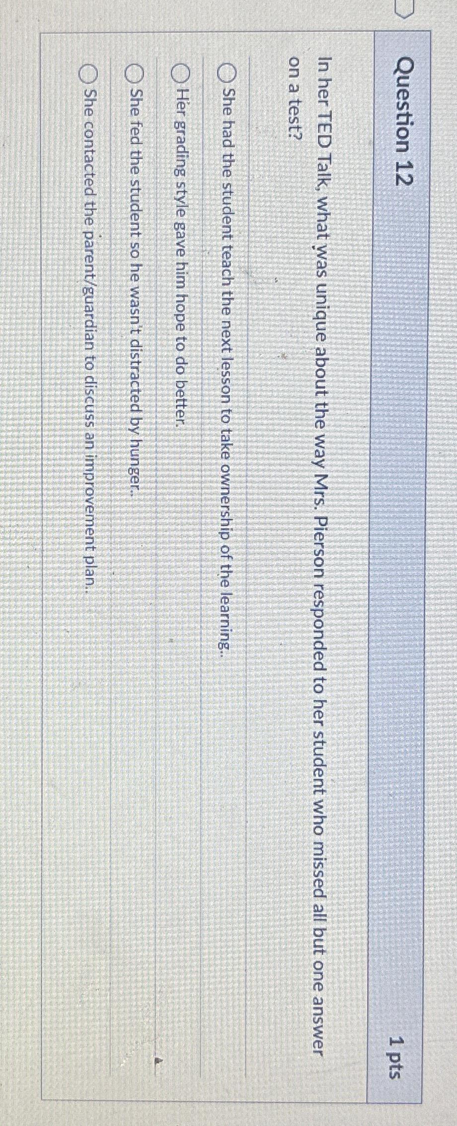  Question 12 1 pts In her TED Talk, what was unique