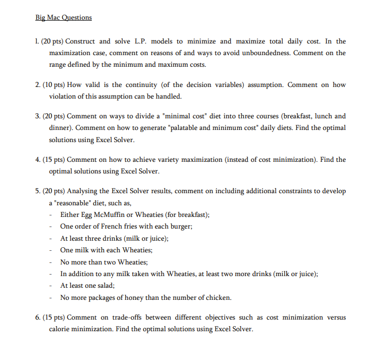 diet problem summarized in the following table. In this table, different food