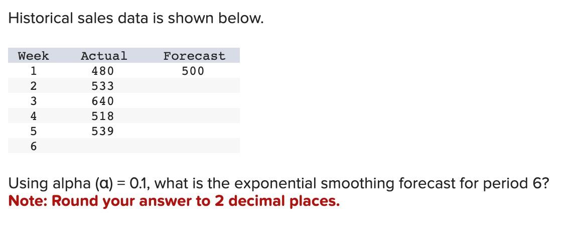  Historical sales data is shown below. Using alpha (a)=0.1, what is