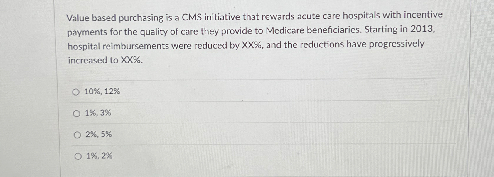  Value based purchasing is a CMS initiative that rewards acute care