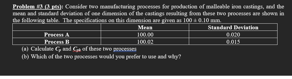 Problem \#3 (3 pts): Consider two manufacturing processes for production of