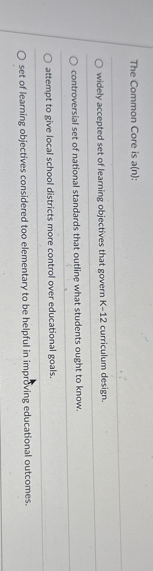  The Common Core is a(n): widely accepted set of learning objectives