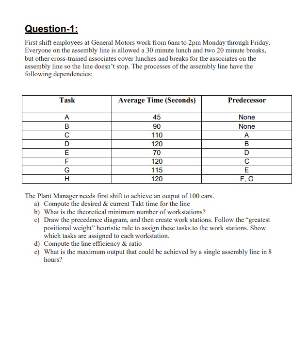  Question-1: First shift employees at General Motors work from 6am to