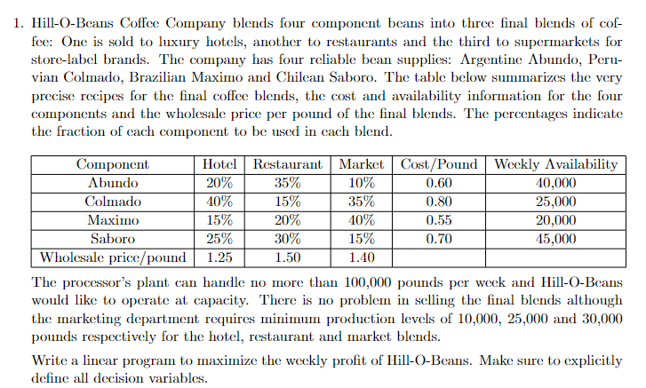  Hill-O-Beans Coffee Company blends four component beans into three final blends