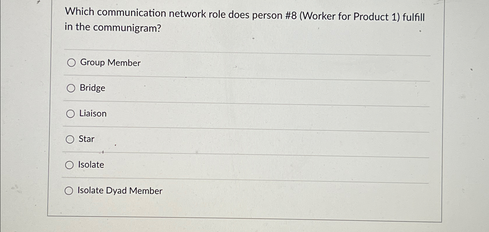  Which communication network role does person #8(Worker for Product 1) fulfill