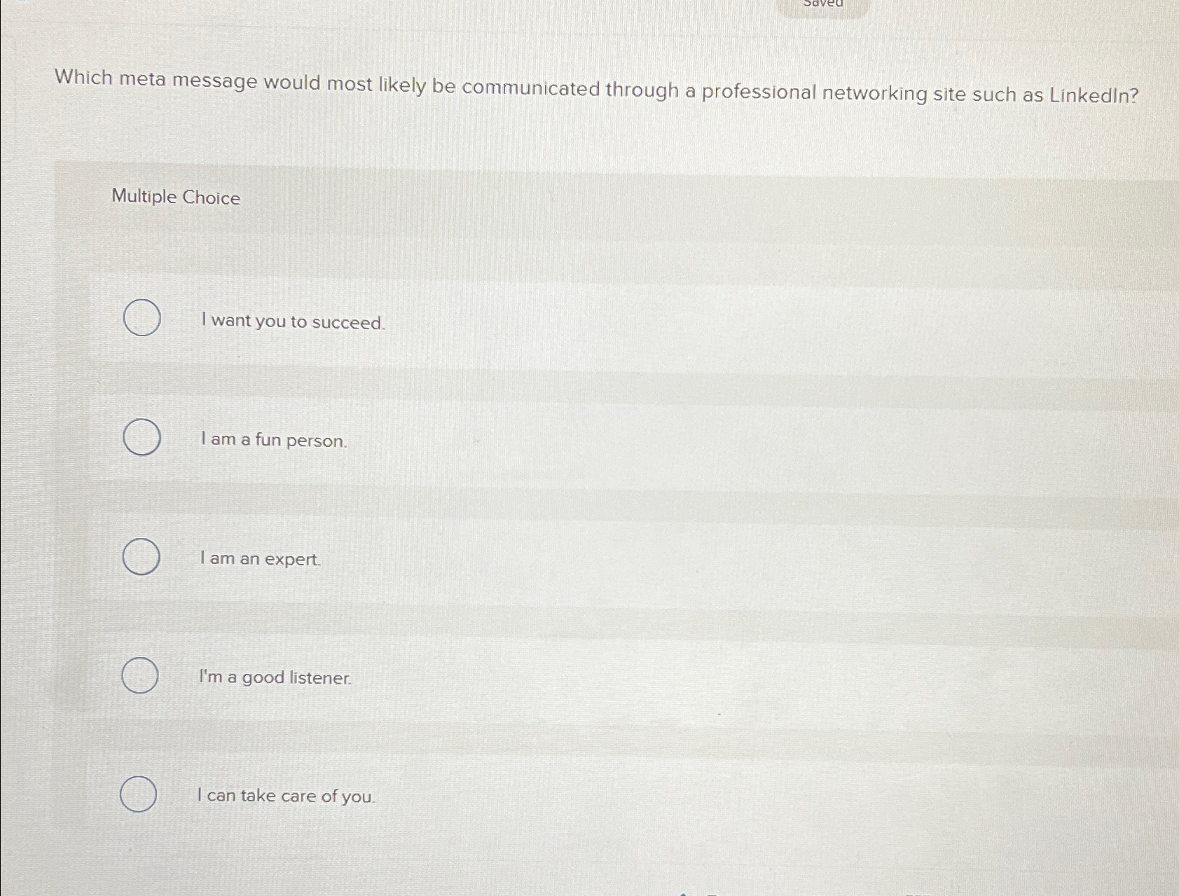  Which meta message would most likely be communicated through a professional